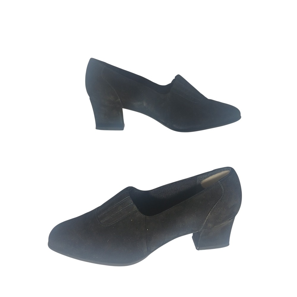 Naturalizer Soft Shoes Pumps 7M Black Suede Block Heel Square Toe‎ Pleated Vamp